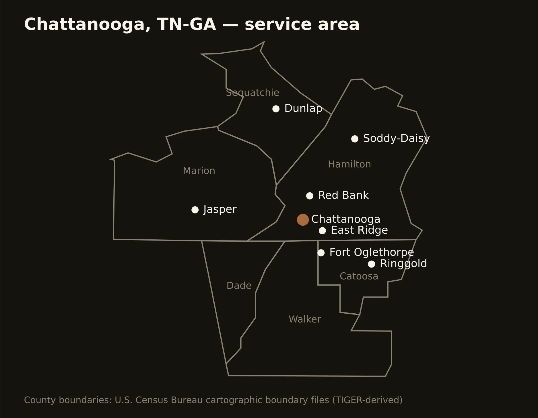 Chattanooga, TN-GA directional drilling service area map — component counties and cities served